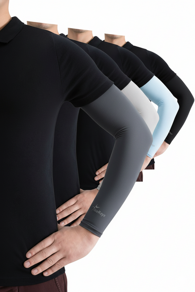 Anne Rollo's IceRays Rainbow pack of 6 SPF 50+ Cooling  UV Arm Sleeves - Cooling Sun Protection Sleeves A six pack with with White, Beige, Black, Light Blue Charcoal and Light Grey sleeves