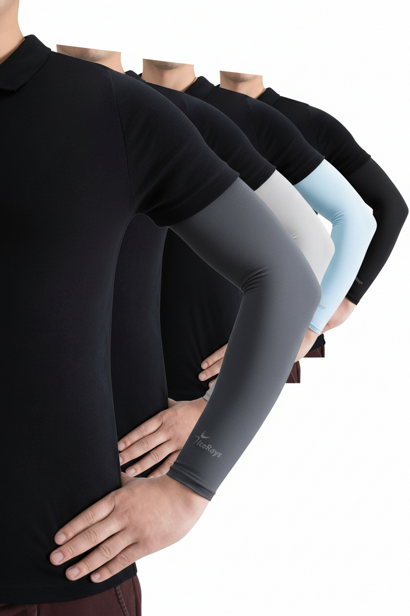 Anne Rollo's IceRays Rainbow pack of 6 SPF 50+ Cooling  UV Arm Sleeves - Cooling Sun Protection Sleeves A six pack with with White, Beige, Black, Light Blue Charcoal and Light Grey sleeves