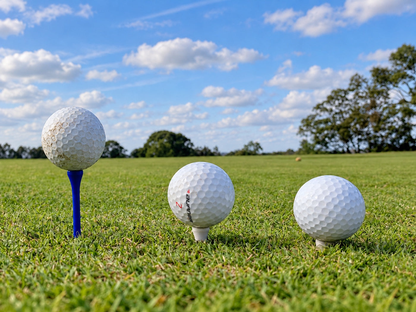 Three golf balls at different tee heights on a practice area